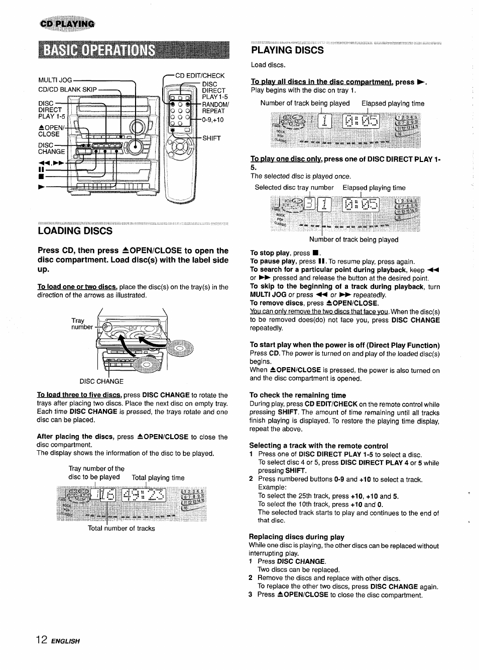 Loading discs, Playing discs, To play all discs in the disc compartment, press | To check the remaining time, Selecting a track with the remote controi, Replacing discs during play, Jff-pji.6 | Aiwa Z-L31 User Manual | Page 12 / 68