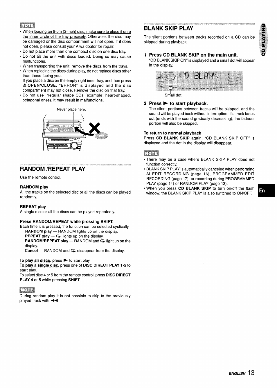 Random /repeat play, Random play, Repeat play | Press random/repeat while pressing shift, Blank skip play, F’ress cd blank skip on the main unit, 2 press ► to start playback, To return to normal playback, Cd blht-ik | Aiwa Z-L31 User Manual | Page 13 / 68