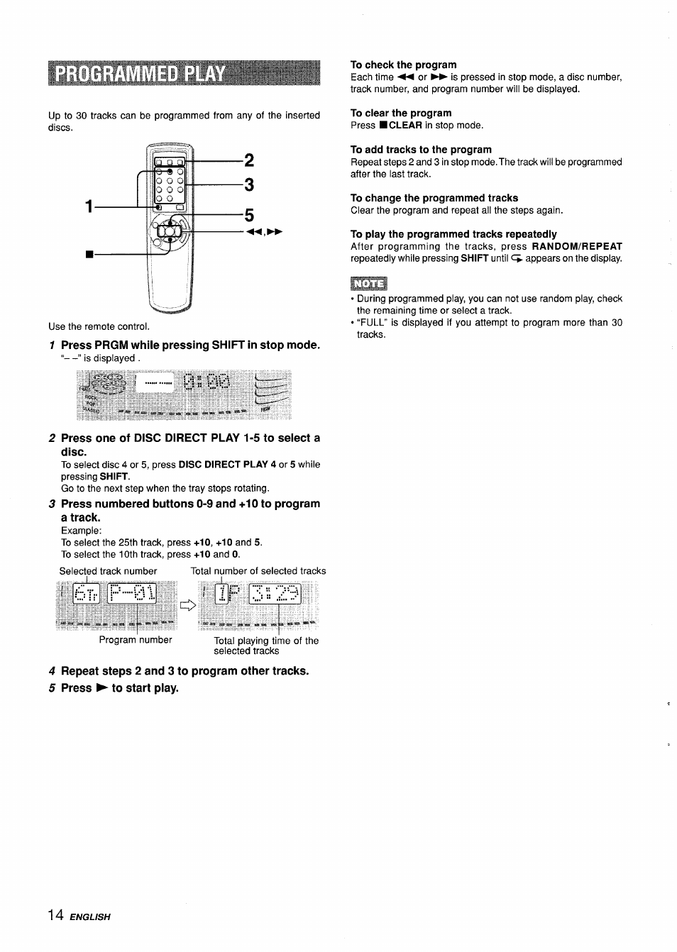 1 press prgm while pressing shift in stop mode, To check the program, To add tracks to the program | To change the programmed tracks, To play the programmed tracks repeatedly, 4 repeat steps 2 and 3 to program other tracks, 5 press ► to start play | Aiwa Z-L31 User Manual | Page 14 / 68