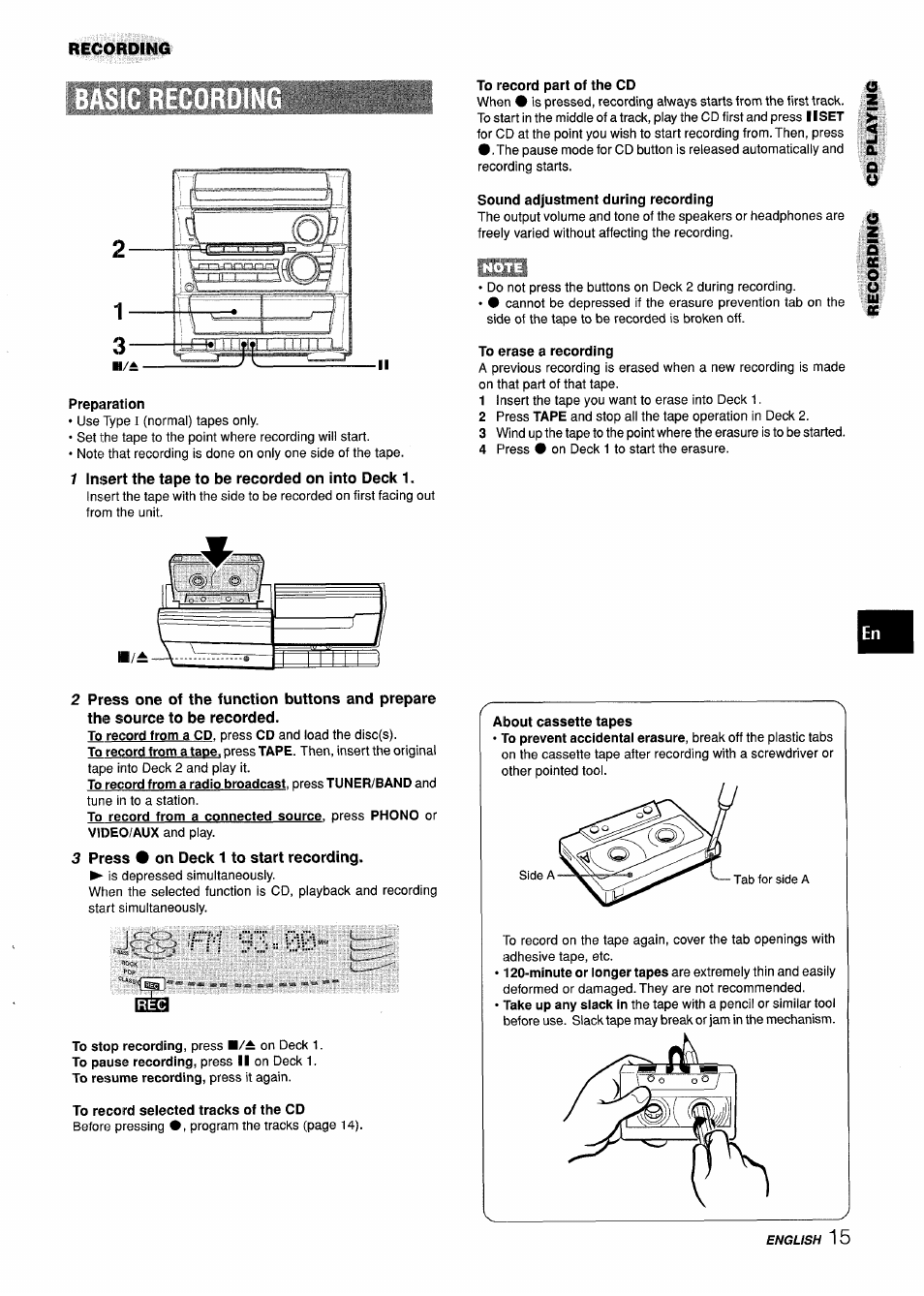 Preparation, 1 insert the tape to be recorded on into deck 1, To record part of the cd | Sound adjustment during recording, To erase a recording, 3 press • on deck 1 to start recording, To record selected tracks of the cd, Ou fic | Aiwa Z-L31 User Manual | Page 15 / 68