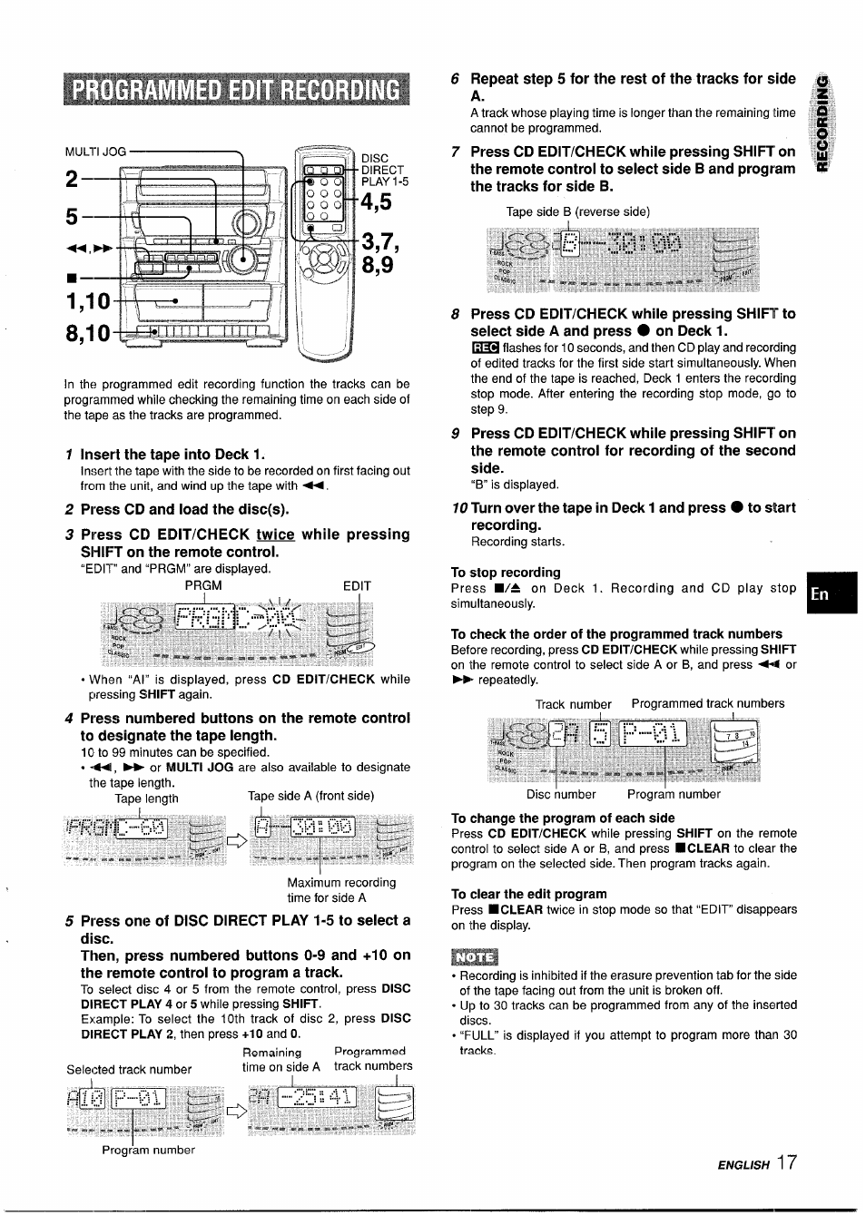 Programmed edit recordin, Pt4,5, To stop recording | To check the order of the programmed track numbers, To clear the edit program, J 3b ”00, Iprgmc-00, O111 m | Aiwa Z-L31 User Manual | Page 17 / 68