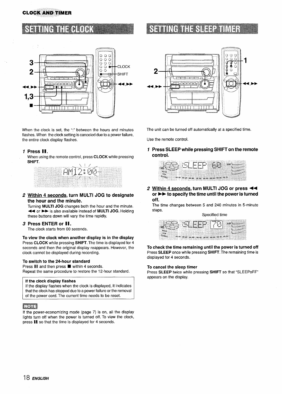 1 press ii, 3 press enter or ii, To switch to the 24-hour standard | To cancel the sleep timer, Ja? sleep 60 | Aiwa Z-L31 User Manual | Page 18 / 68