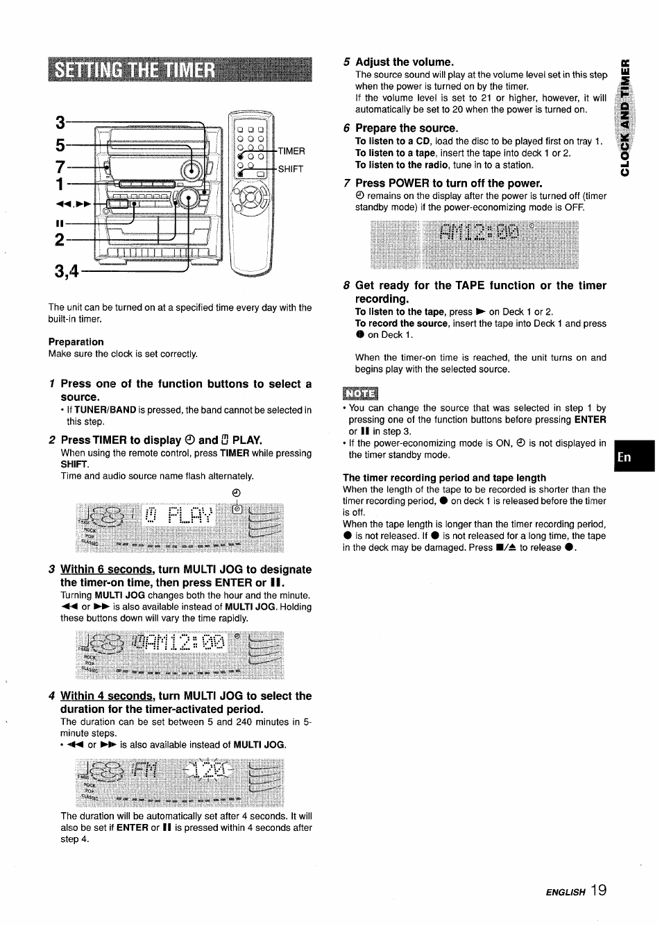 Preparation, 2 press timer to display © and s play, Adjust the volume | Prepare the source, Press power to turn off the power, The timer recording period and tape length, Pi....h | Aiwa Z-L31 User Manual | Page 19 / 68