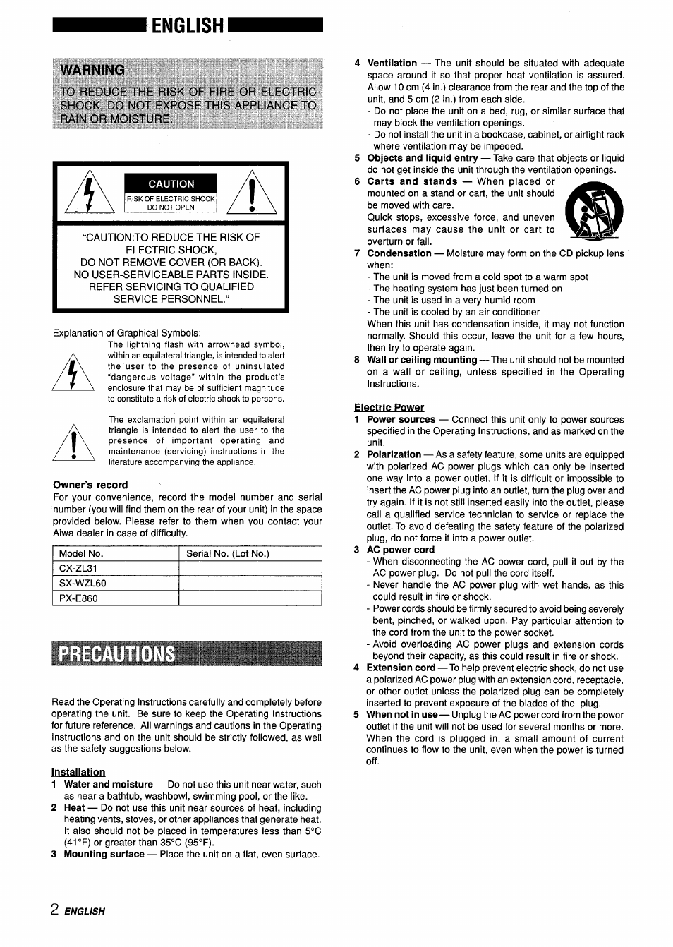 English, Warning, Owner’s record | Installation, Electric power, 3 ac power cord | Aiwa Z-L31 User Manual | Page 2 / 68
