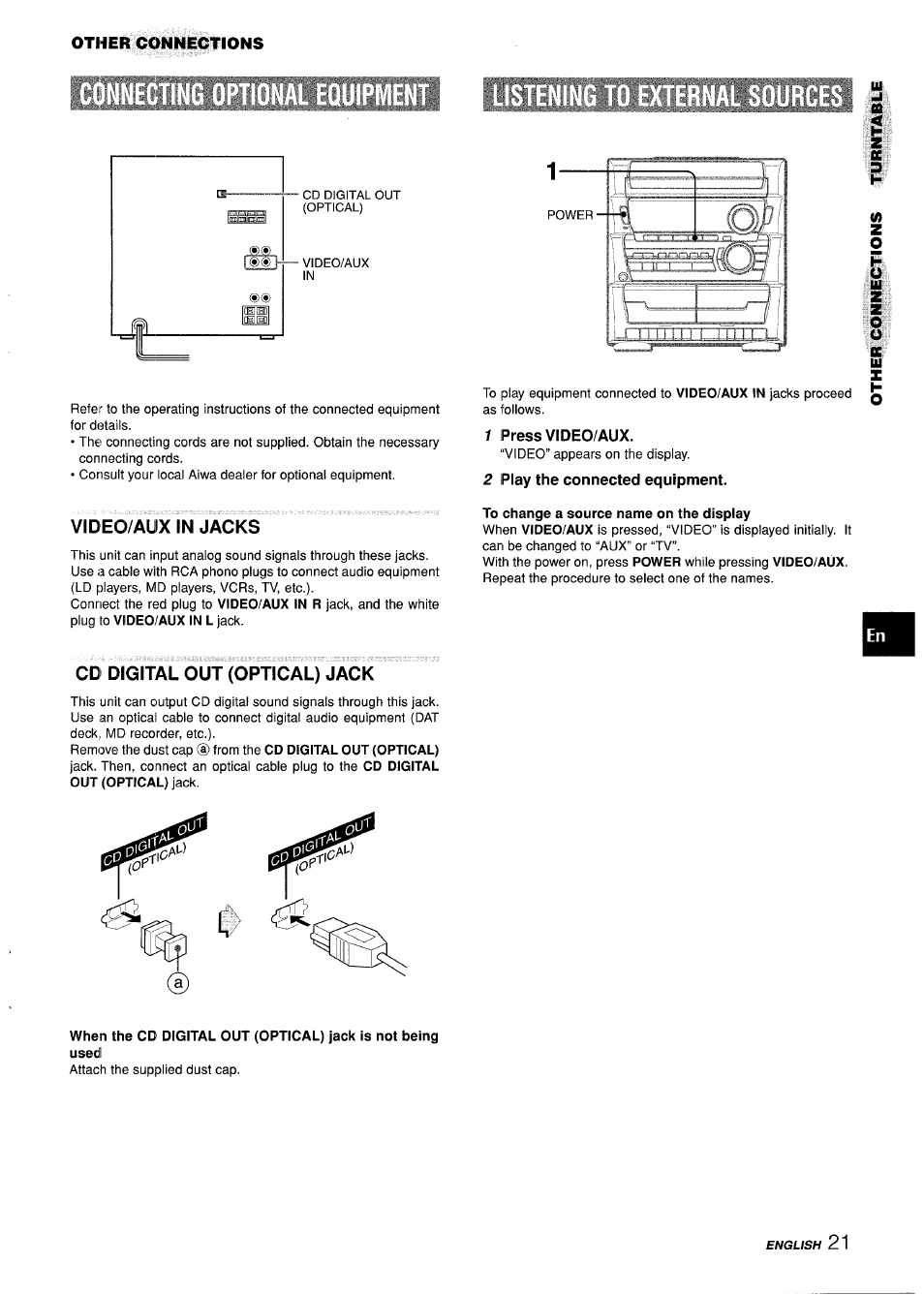 Video/aux in jacks, Cdi digital out (optical) jack, 1 press video/aux | 2 play the connected equipment | Aiwa Z-L31 User Manual | Page 21 / 68