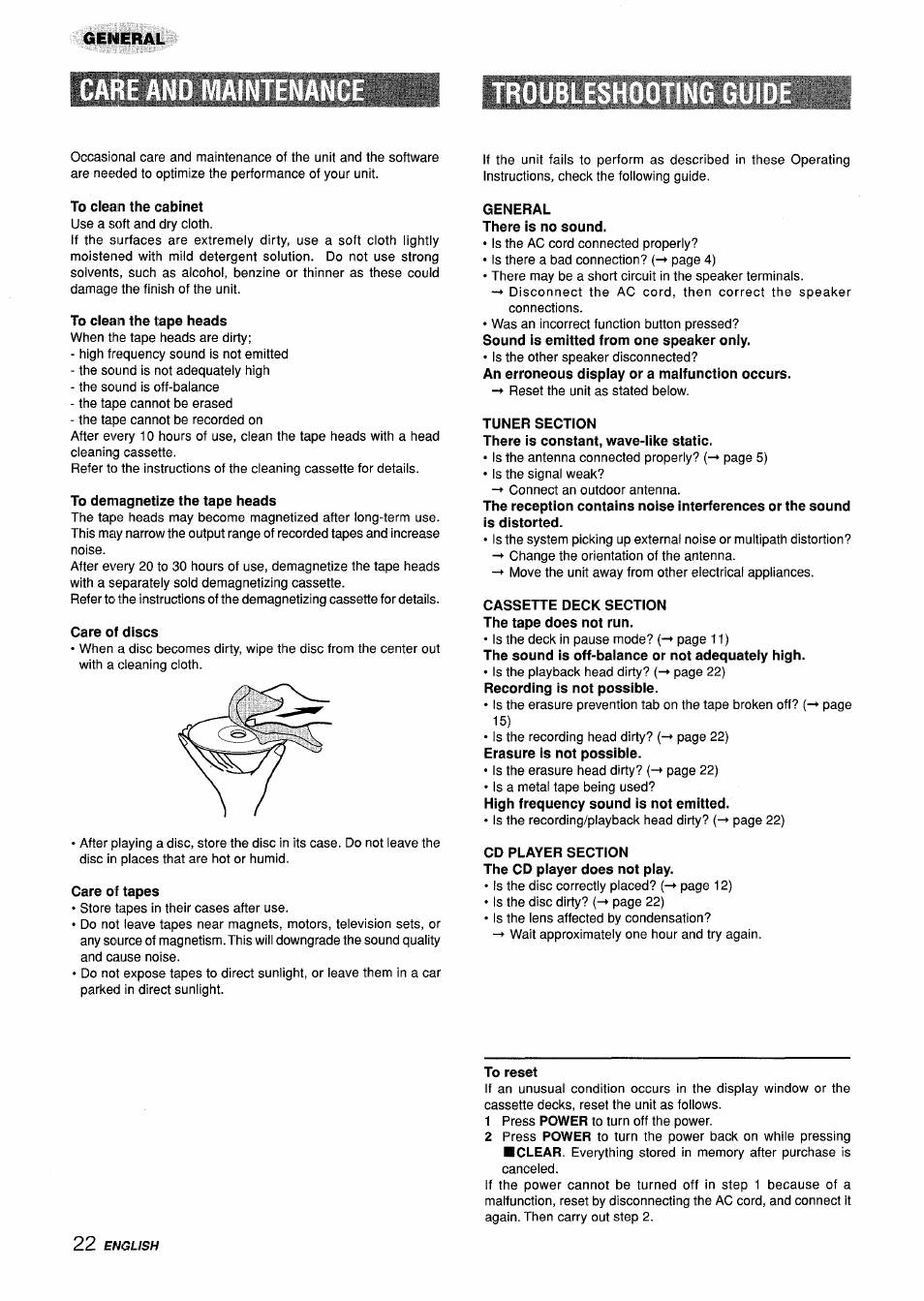 To clean the cabinet, To clean the tape heads, To demagnetize the tape heads | Care of discs, Care of tapes, General there is no sound, Tuner section, Cassette deck section the tape does not run, Cd player section the cd player does not play, To reset | Aiwa Z-L31 User Manual | Page 22 / 68