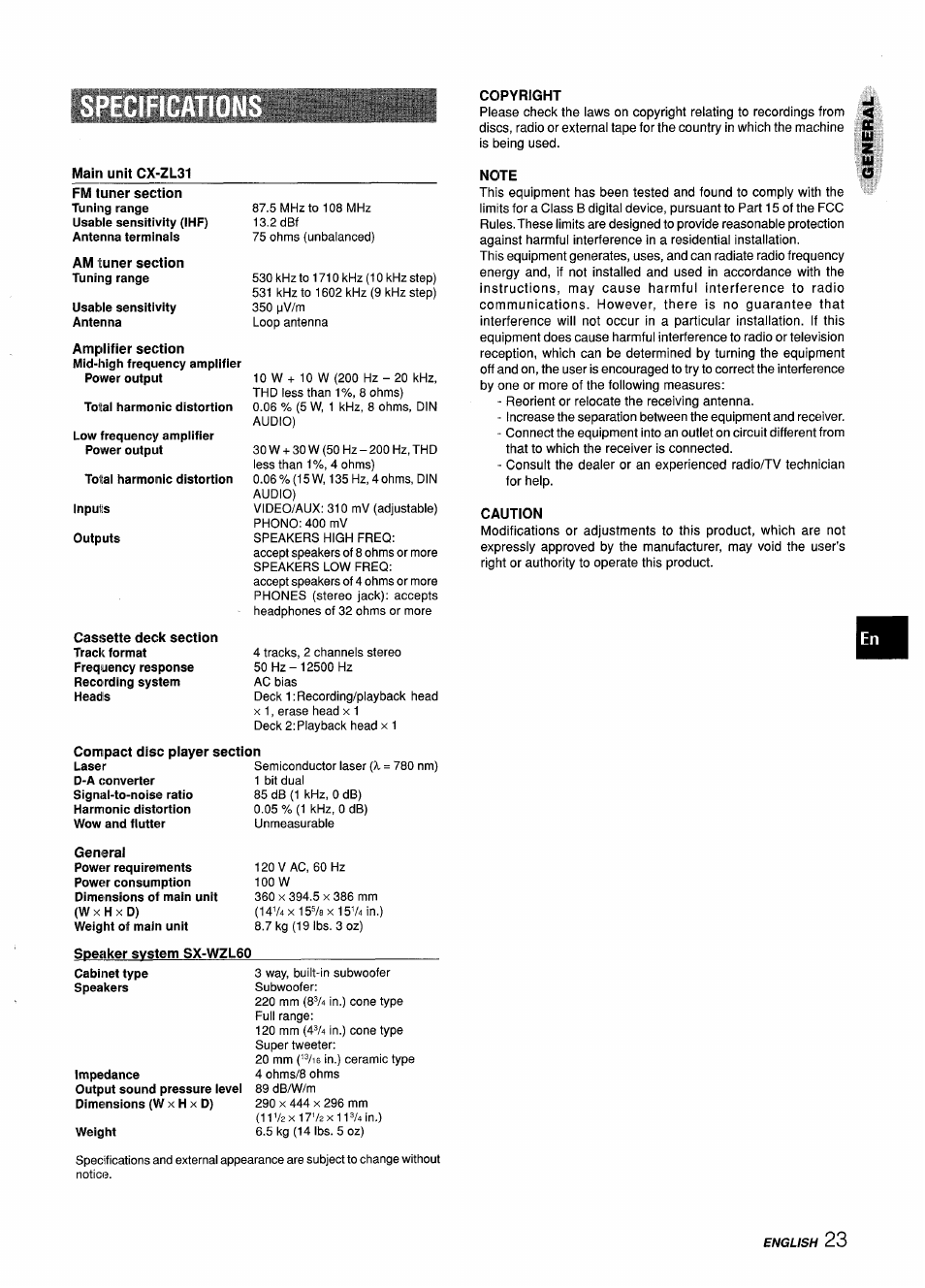 Main unit cx-zl31, Compact disc player section, General | Speaker system sx-wzl60, Copyright, Note, Caution | Aiwa Z-L31 User Manual | Page 23 / 68