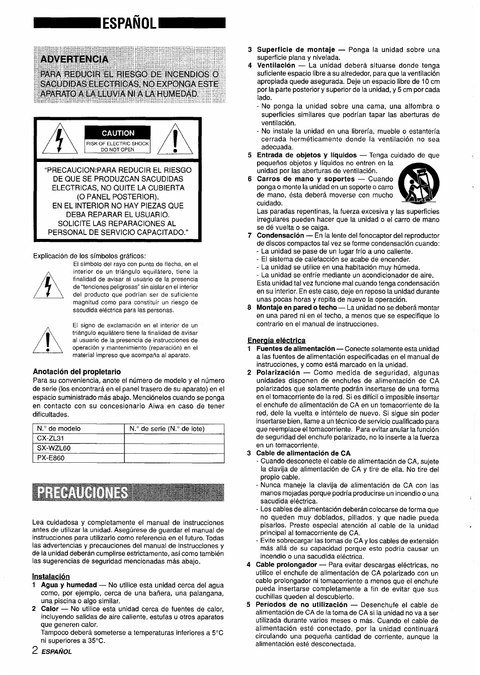 Lespañoli, Caution, Anotación del propietario | Instalación, Advertencia | Aiwa Z-L31 User Manual | Page 24 / 68