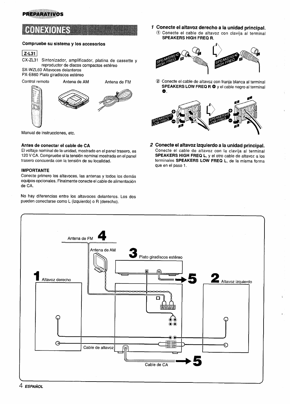 Compruebe su sistema y los accesorios, Z-l31, Antes de conectar el cable de ca | Importante | Aiwa Z-L31 User Manual | Page 26 / 68