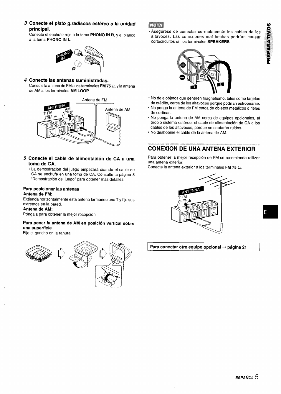 Para posicionar las antenas antena de fm, Conexion de una antena exterior | Aiwa Z-L31 User Manual | Page 27 / 68