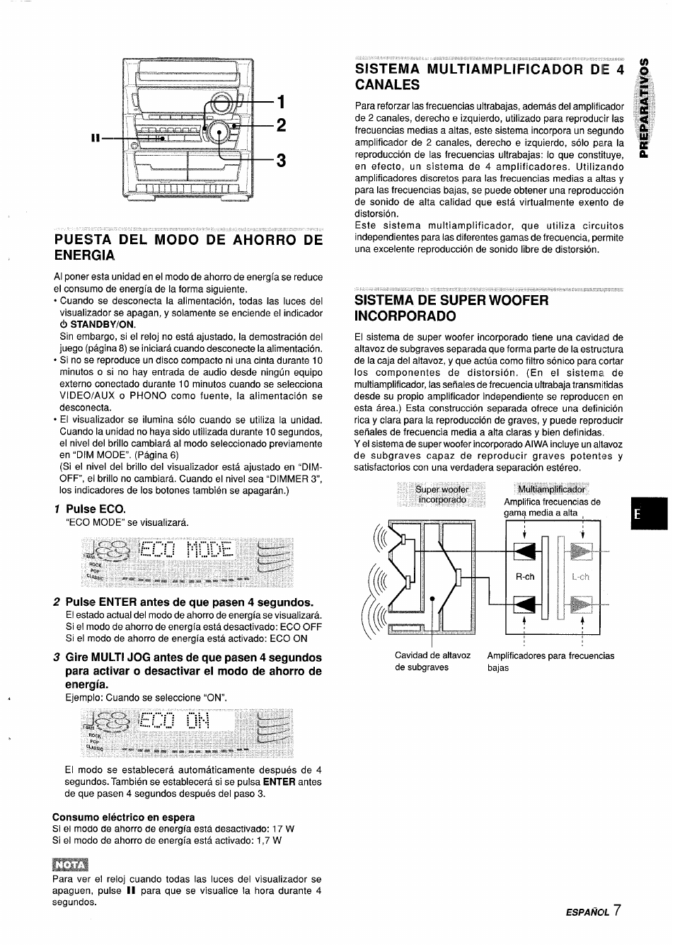 Puesta del modo de ahorro de energia, 1 pulse eco, 2 pulse enter antes de que pasen 4 segundos | Consumo eléctrico en espera, Sistema multiamplificador de 4 canales, Sistema de super woofer incorporado, Jí;;;,. ko mode | Aiwa Z-L31 User Manual | Page 29 / 68