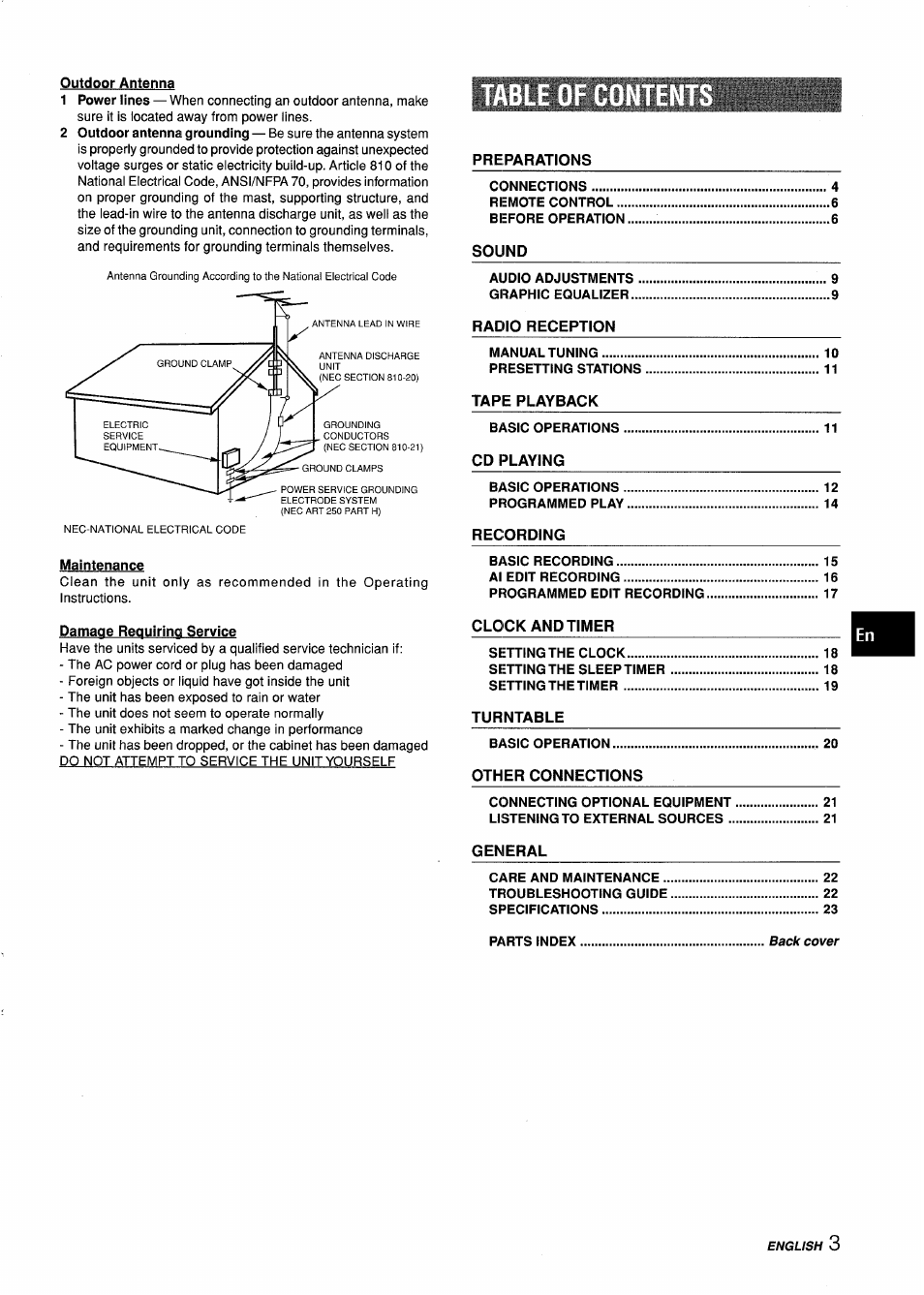 Outdoor antenna, Maintenance, Damage requiring service | Aiwa Z-L31 User Manual | Page 3 / 68