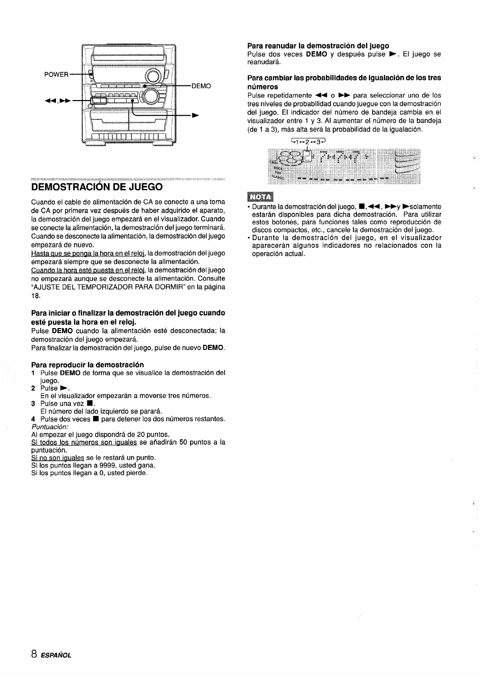 Para reanudar la demostración del juego, Demostracion de juego, Para reproducir la demostración | Aiwa Z-L31 User Manual | Page 30 / 68