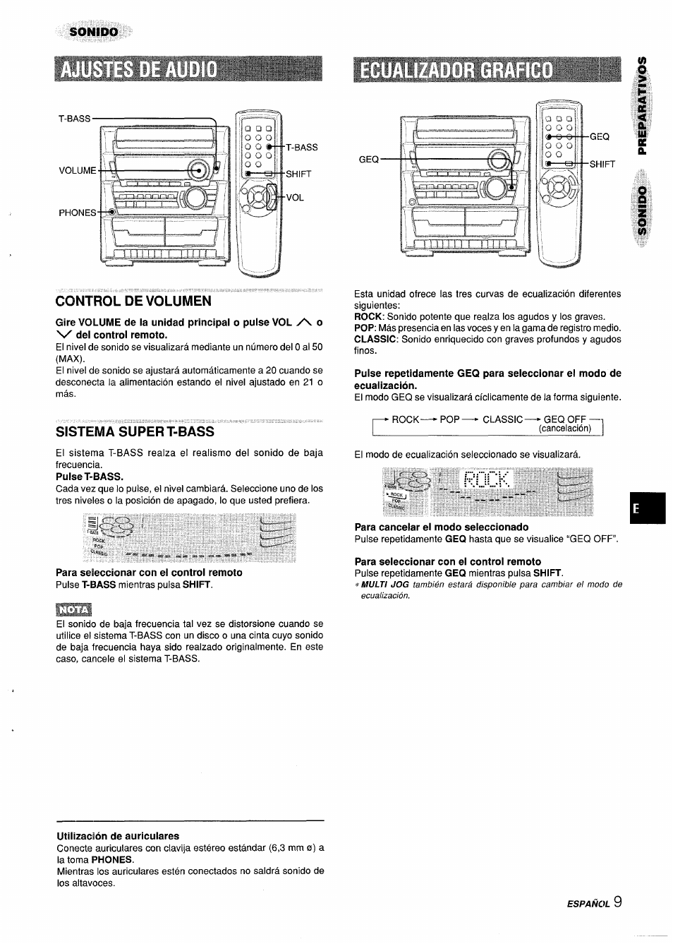 Control de volumen, Sistema super t-bass, Para cancelar el modo seleccionado | Para seleccionar con el control remoto, Utilización de auriculares | Aiwa Z-L31 User Manual | Page 31 / 68