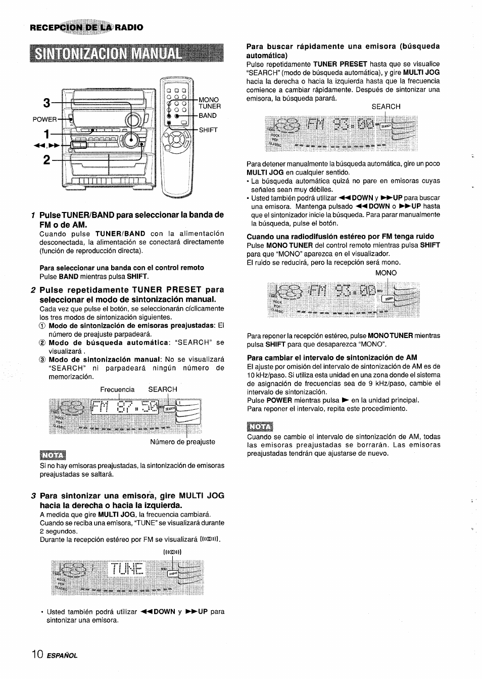 Para cambiar el intervalo de sintonización de am, Down y, Fm 9ó | Tune | Aiwa Z-L31 User Manual | Page 32 / 68