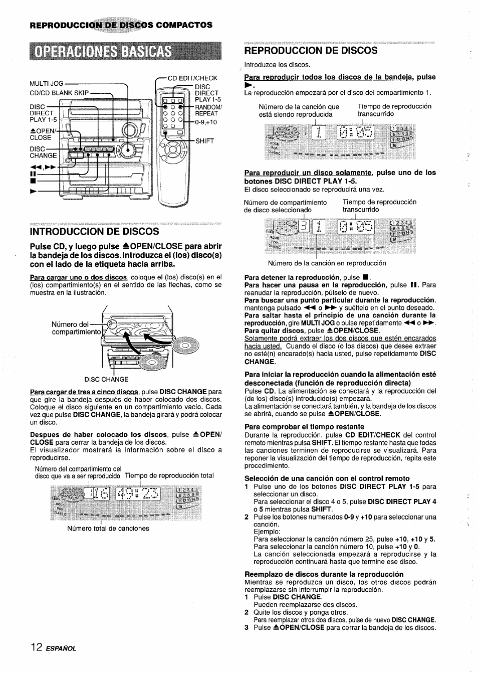 Introduccion de discos, Reproduccion de discos, Para detener la reproducción, pulse | Selección de una canción con el control remoto, J#® 1 í 0 == 03 | Aiwa Z-L31 User Manual | Page 34 / 68