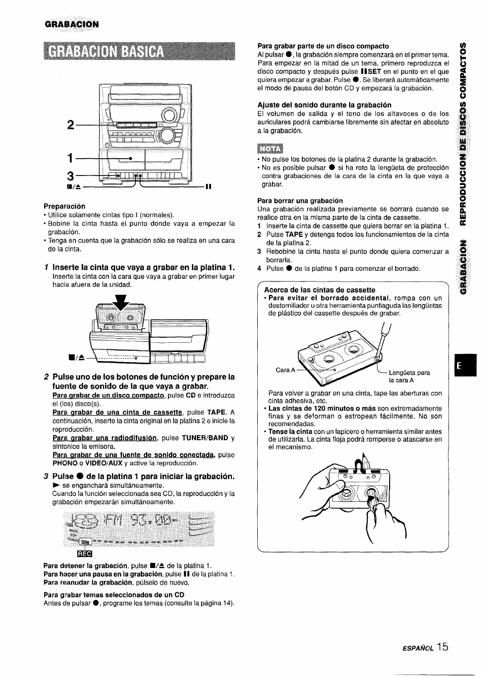 Preparación, Para grabar parte de un disco compacto, Ajuste del sonido durante la grabación | Para borrar una grabación, Fh 93 ==00 | Aiwa Z-L31 User Manual | Page 37 / 68