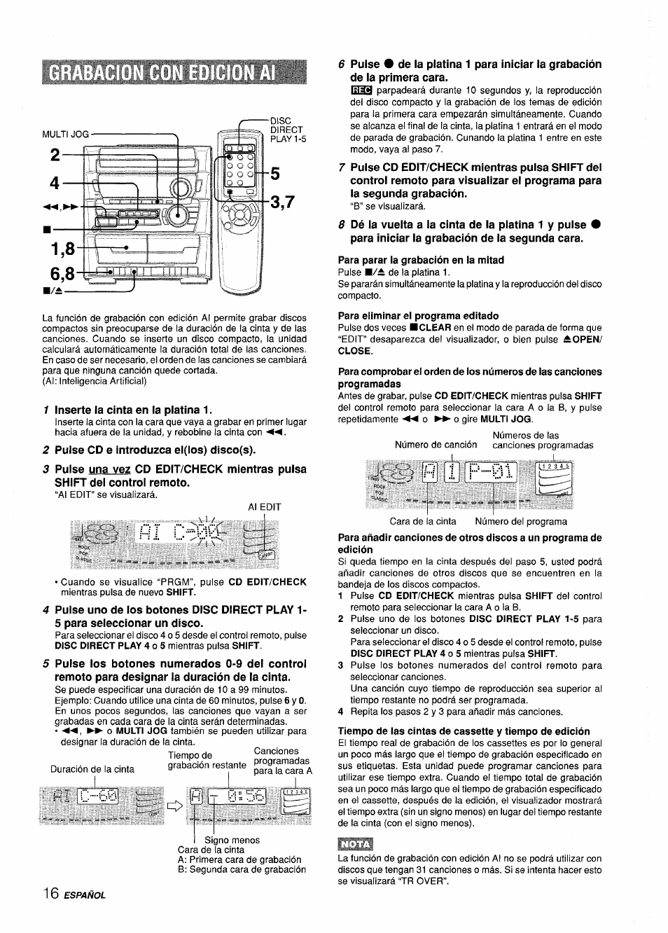 Para parar la grabación en la mitad, Para eliminar ei programa editado, H 1/f | Hl c a | Aiwa Z-L31 User Manual | Page 38 / 68