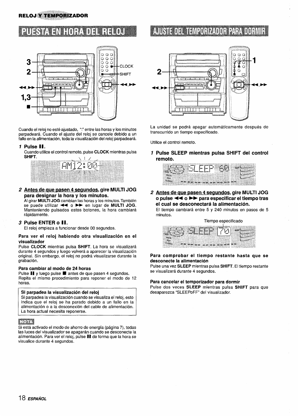 Para cambiar ai modo de 24 horas, Para cancelar el temporizador para dormir, Ñtll | A...eep 60, A.eep 70 | Aiwa Z-L31 User Manual | Page 40 / 68