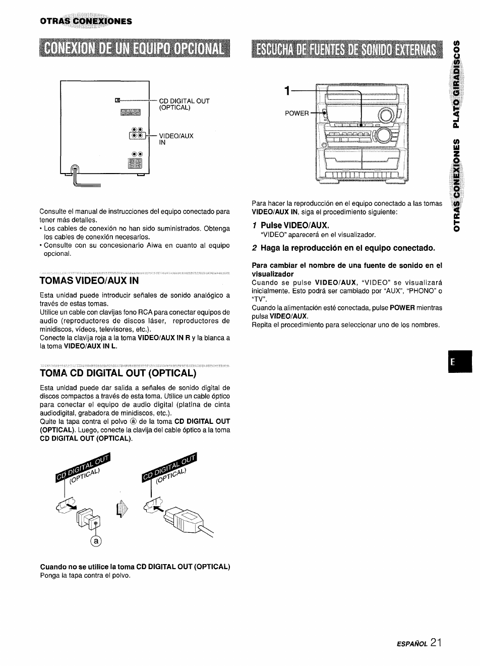 Tomas video/auxin, Toma cd digital out (optical) | Aiwa Z-L31 User Manual | Page 43 / 68