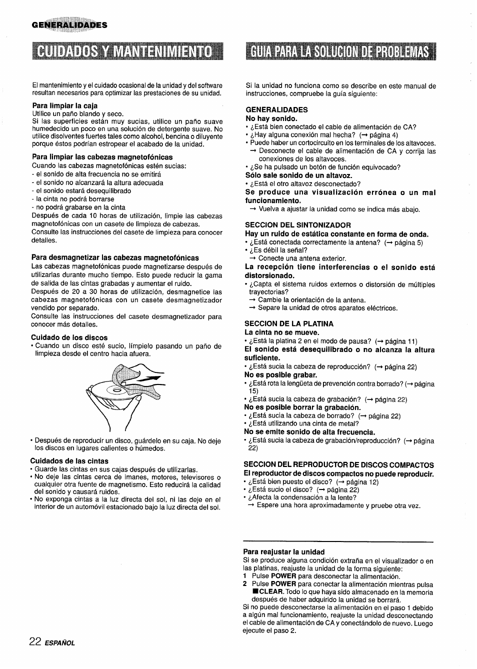 Guia para la solucion oe problem, Tenimiento | Aiwa Z-L31 User Manual | Page 44 / 68