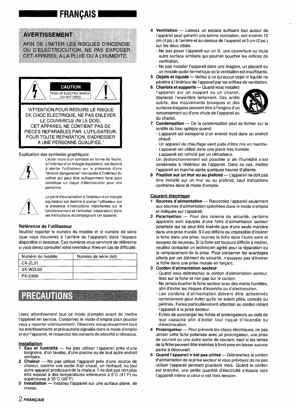 Français, Caution, Installation | Courant électrique, 3 cordon d’alimentation secteur, Avertissement | Aiwa Z-L31 User Manual | Page 46 / 68