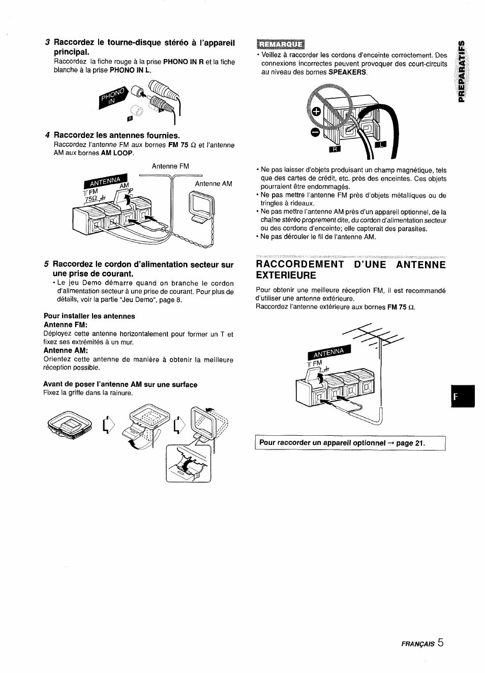 Pour installer les antennes antenne fm, Avant de poser l’antenne am sur une surface, Raccordement d’une antenne exterieure | Aiwa Z-L31 User Manual | Page 49 / 68