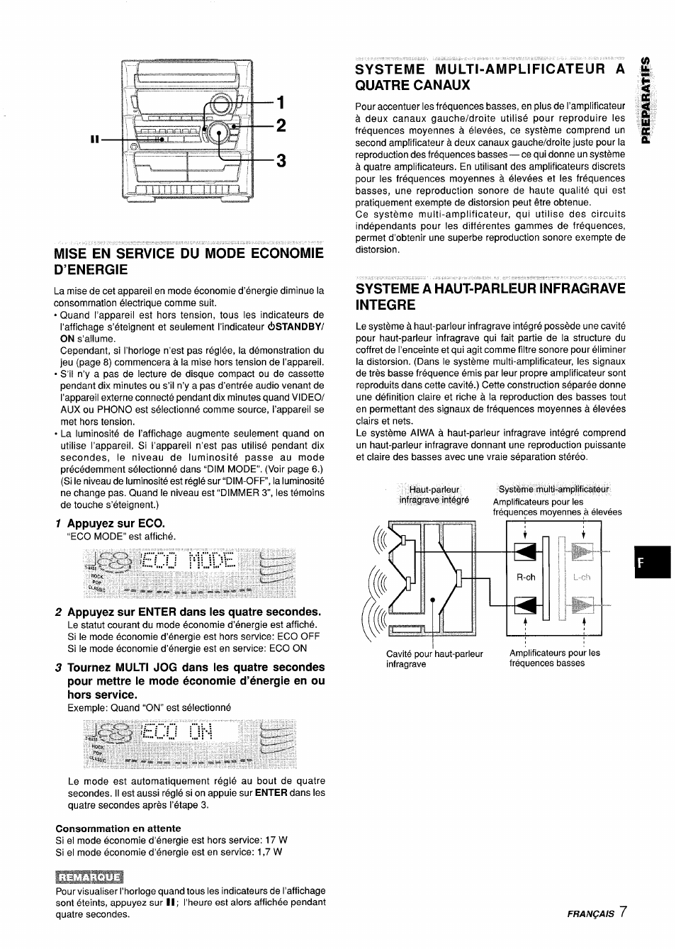 Mise en service du mode economie d’energie, 1 appuyez sur eco, 2 appuyez sur enter dans les quatre secondes | Systeme multi-amplificateur a quatre canaux, Systeme a haut-parleur infragrave integre, Consommation en attente, Ko mode, Eco on | Aiwa Z-L31 User Manual | Page 51 / 68