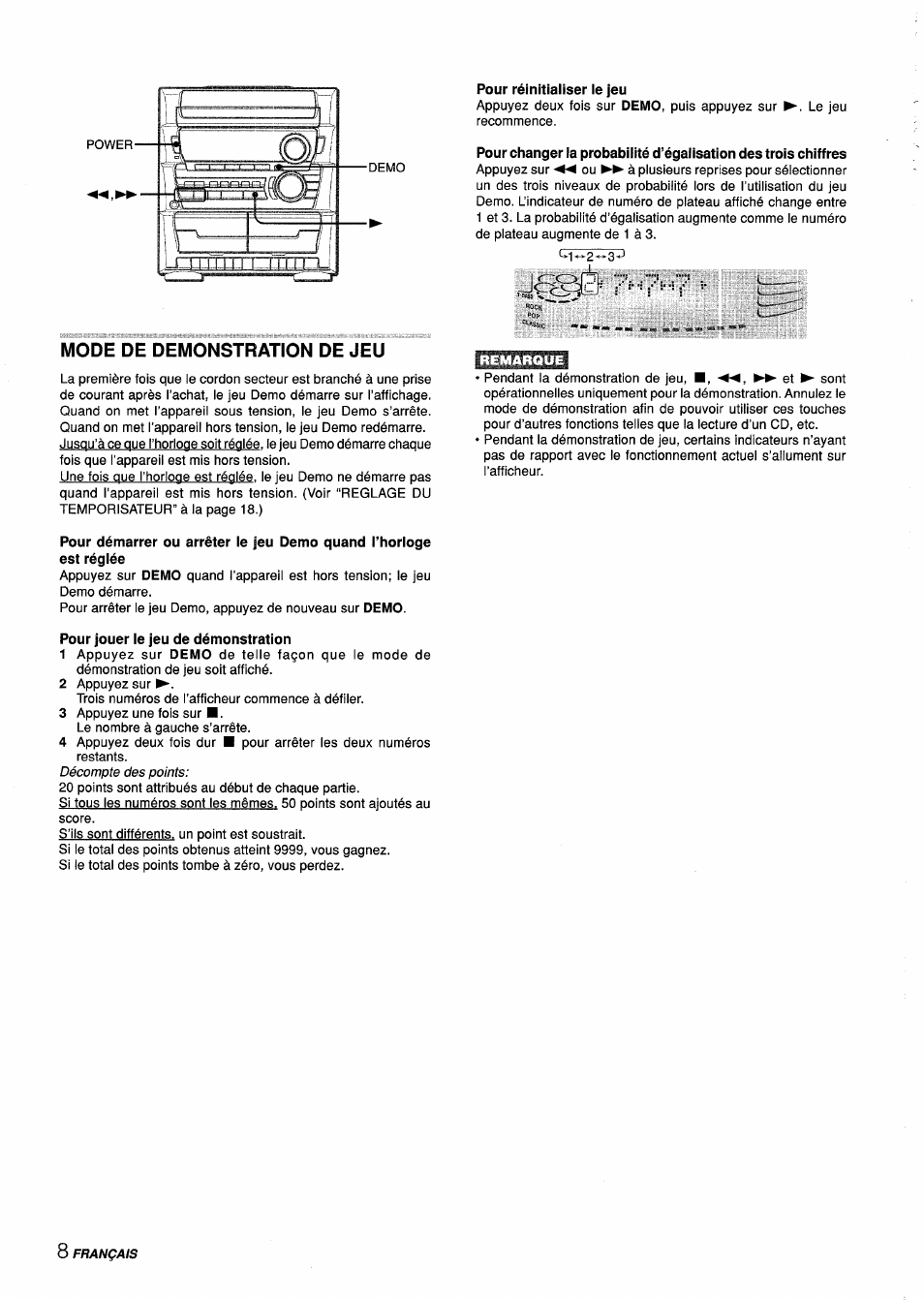 Pour réinitialiser le jeu, Mode de demonstration de jeu, Pour jouer le jeu de démonstration | Aiwa Z-L31 User Manual | Page 52 / 68