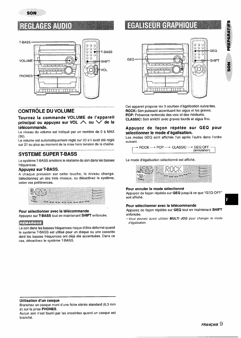 Contrôle du volume, Systeme super t-bass, Appuyez sur t-bass | Pour sélectionner avec la télécommande, Pour annuler le mode sélectionné, Utilisation d’un casque, O. o | Aiwa Z-L31 User Manual | Page 53 / 68