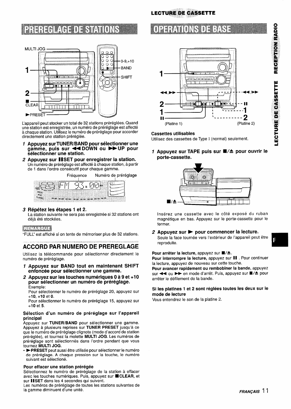 Accord par numero de prereglage, Cassettes utiiisabies | Aiwa Z-L31 User Manual | Page 55 / 68