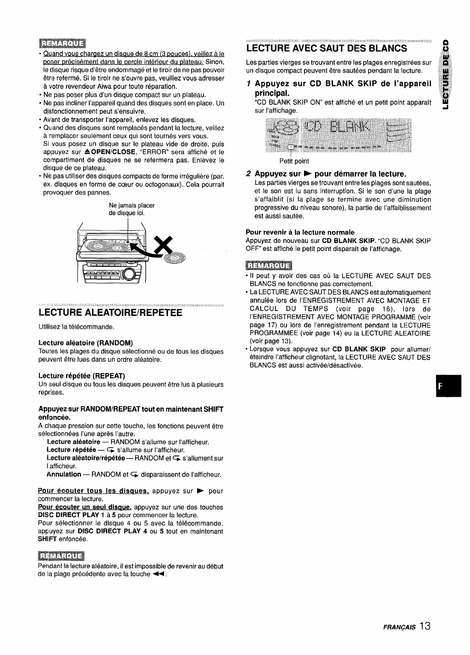 Lecture aleatoire/repetee, Lecture aléatoire (random), Lecture répétée (repeat) | Lecture avec saut des blancs, Pour revenir à la lecture normale, D bl.fl | Aiwa Z-L31 User Manual | Page 57 / 68