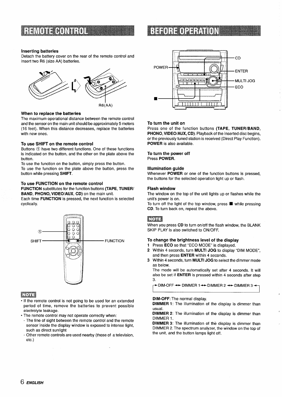 Inserting batteries, To use shift on the remote control, To use function on the remote control | To turn the unit on, To turn the power off press power, Illumination guide, Flash window, To change the brightness level of the display | Aiwa Z-L31 User Manual | Page 6 / 68