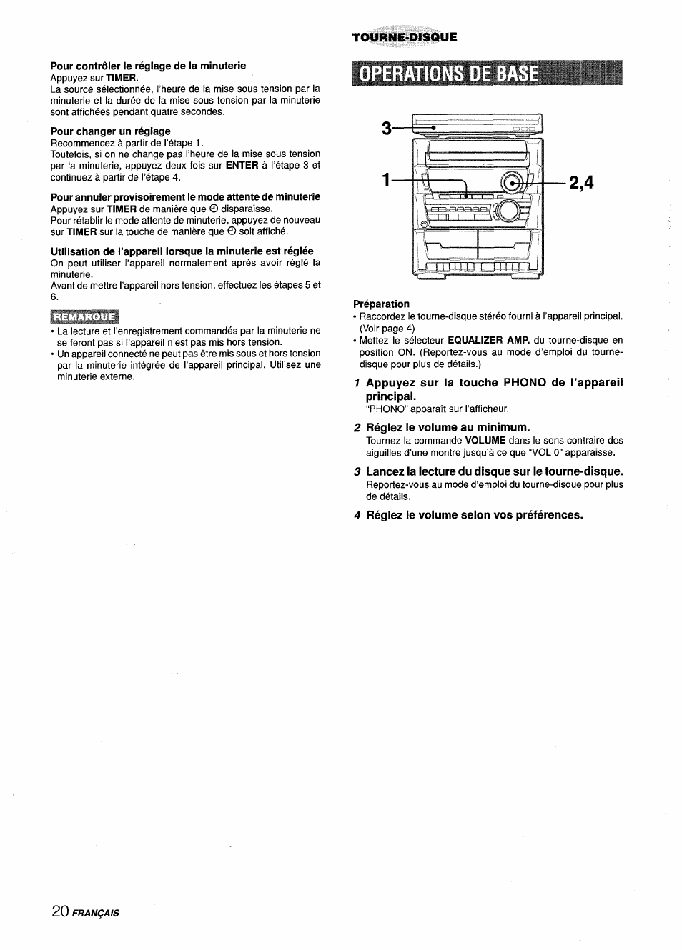 Pour contrôler le réglage de la minuterie, Operations de, Préparation | 2 réglez le volume au minimum, 3 lancez la lecture du disque sur ie tourne-disque, 4 régiez ie voiume seion vos préférences | Aiwa Z-L31 User Manual | Page 64 / 68