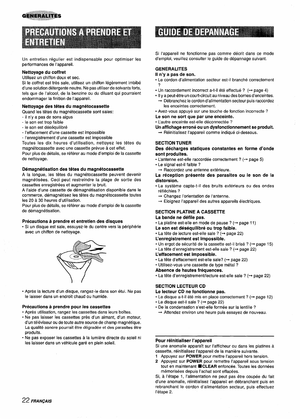 Guide de depannag, Démagnétisation des têtes du magnétocassette, Précautions à prendre et entretien des disques | Précautions à prendre pour les cassettes, Generalites il n’y a pas de son, Section tuner, Section platine a cassette la bande ne défile pas, Section lecteur cd le lecteur cd ne fonctionne pas, Pour réinitialiser l’appareil | Aiwa Z-L31 User Manual | Page 66 / 68