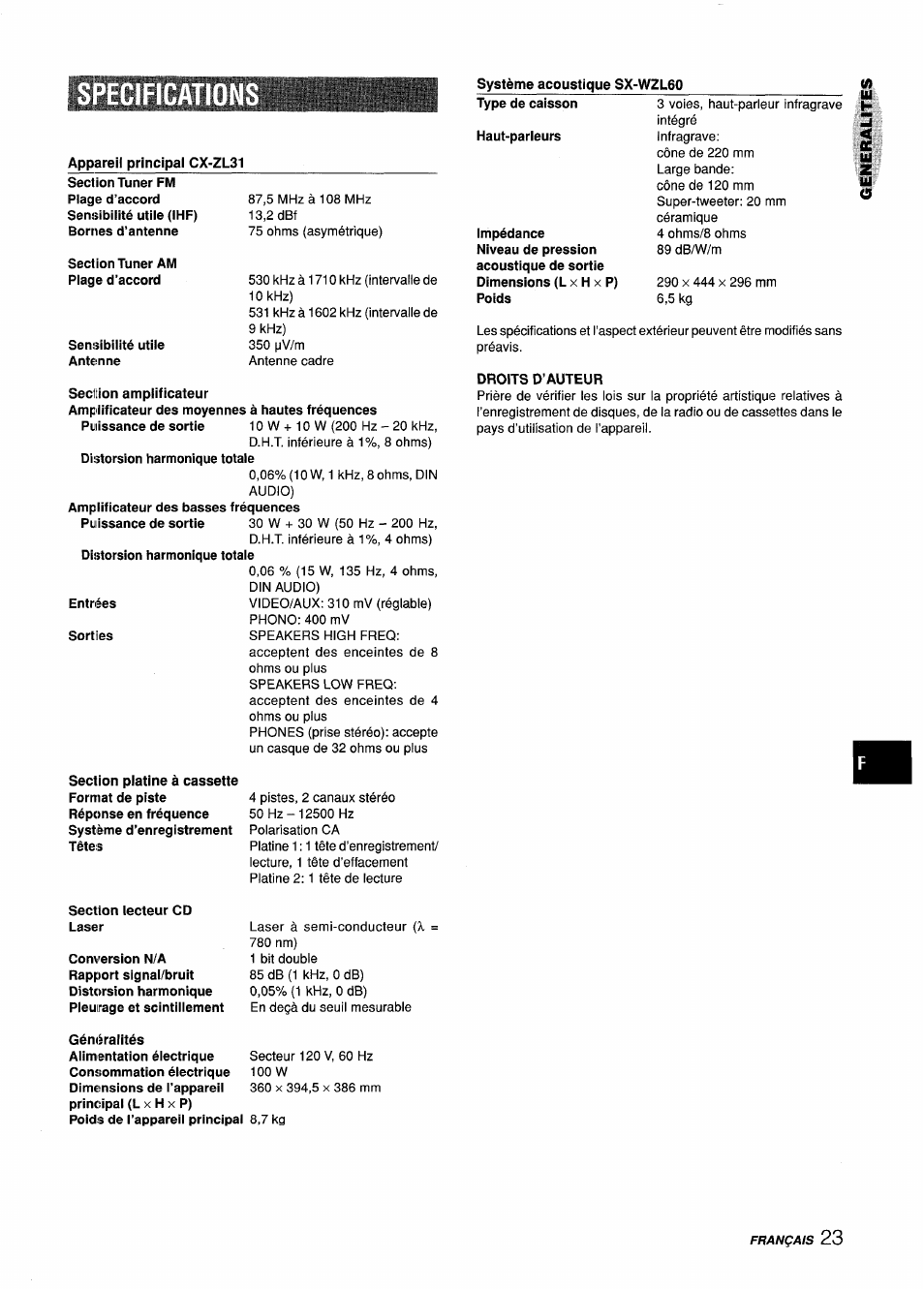 Système acoustique sx-wzl60, Appareil principal cx-zl31, Section tuner am plage d’accord | Sensibilité utile antenne, Section amplificateur, Entrées, Sorties, Droits d’auteur, Section lecteur cd laser | Aiwa Z-L31 User Manual | Page 67 / 68