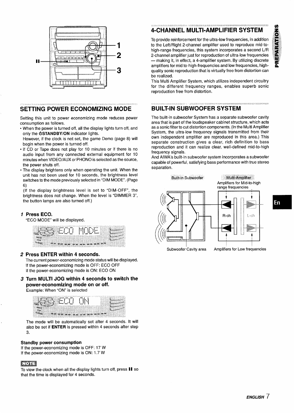 Channel multi-amplifier system, Setting power economizing mode, 1 press eco | 2 press enter within 4 seconds, Built-in subwoofer system, Standby power consumption, Or-i | Aiwa Z-L31 User Manual | Page 7 / 68