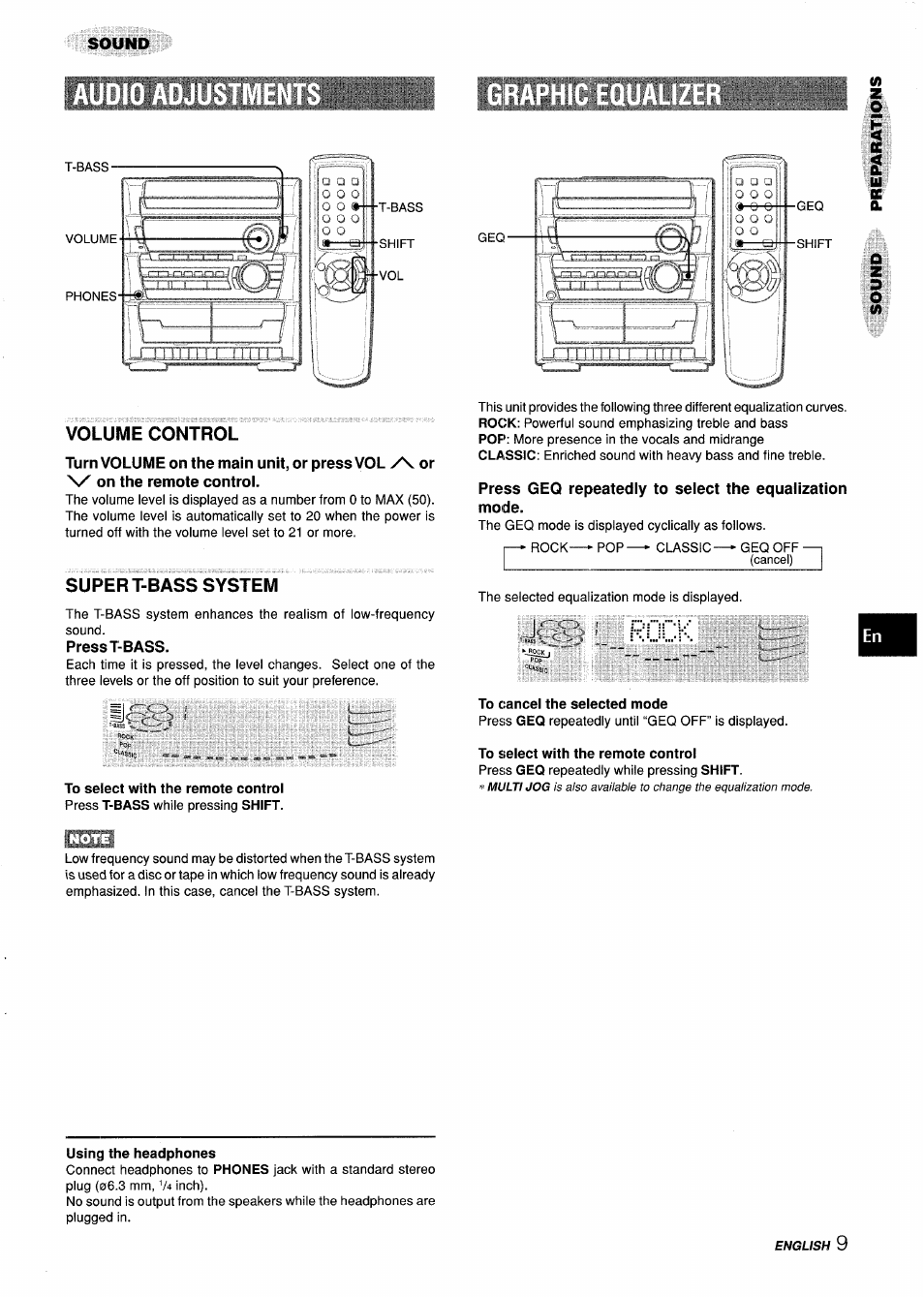 Volume control, Super t-bass system, Press t-bass | To cancel the selected mode, To select with the remote control, Using the headphones, 1 i rock | Aiwa Z-L31 User Manual | Page 9 / 68