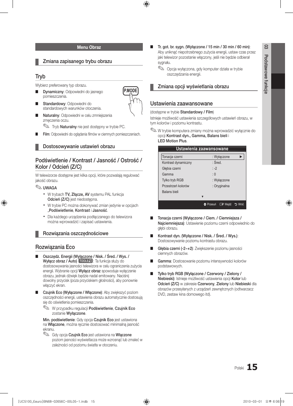 Tryb, Rozwiązania eco, Ustawienia zaawansowane | Samsung UE46C5000QW User Manual | Page 116 / 502