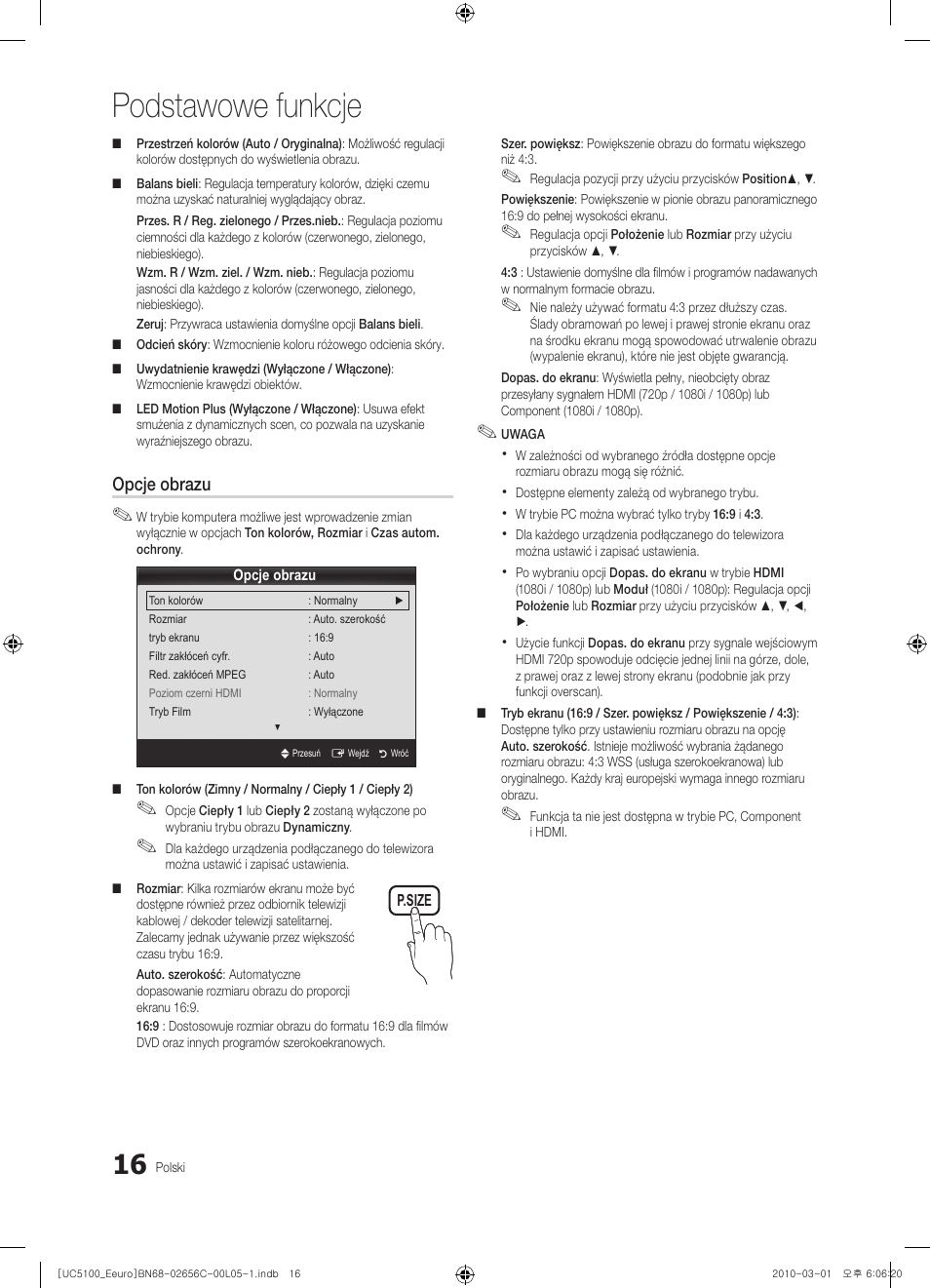 Podstawowe funkcje, Opcje obrazu | Samsung UE46C5000QW User Manual | Page 117 / 502