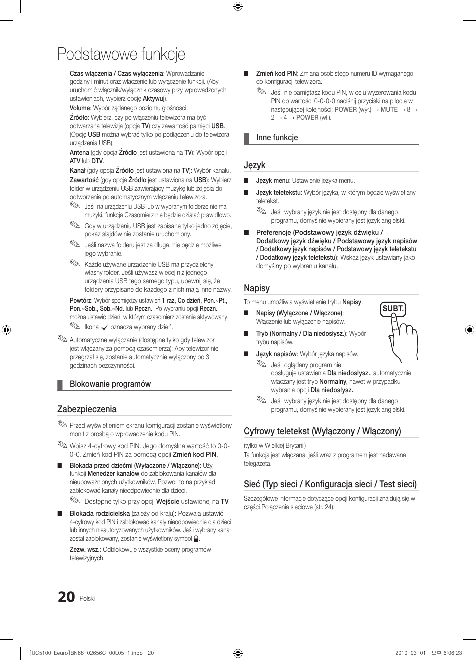 Podstawowe funkcje | Samsung UE46C5000QW User Manual | Page 121 / 502