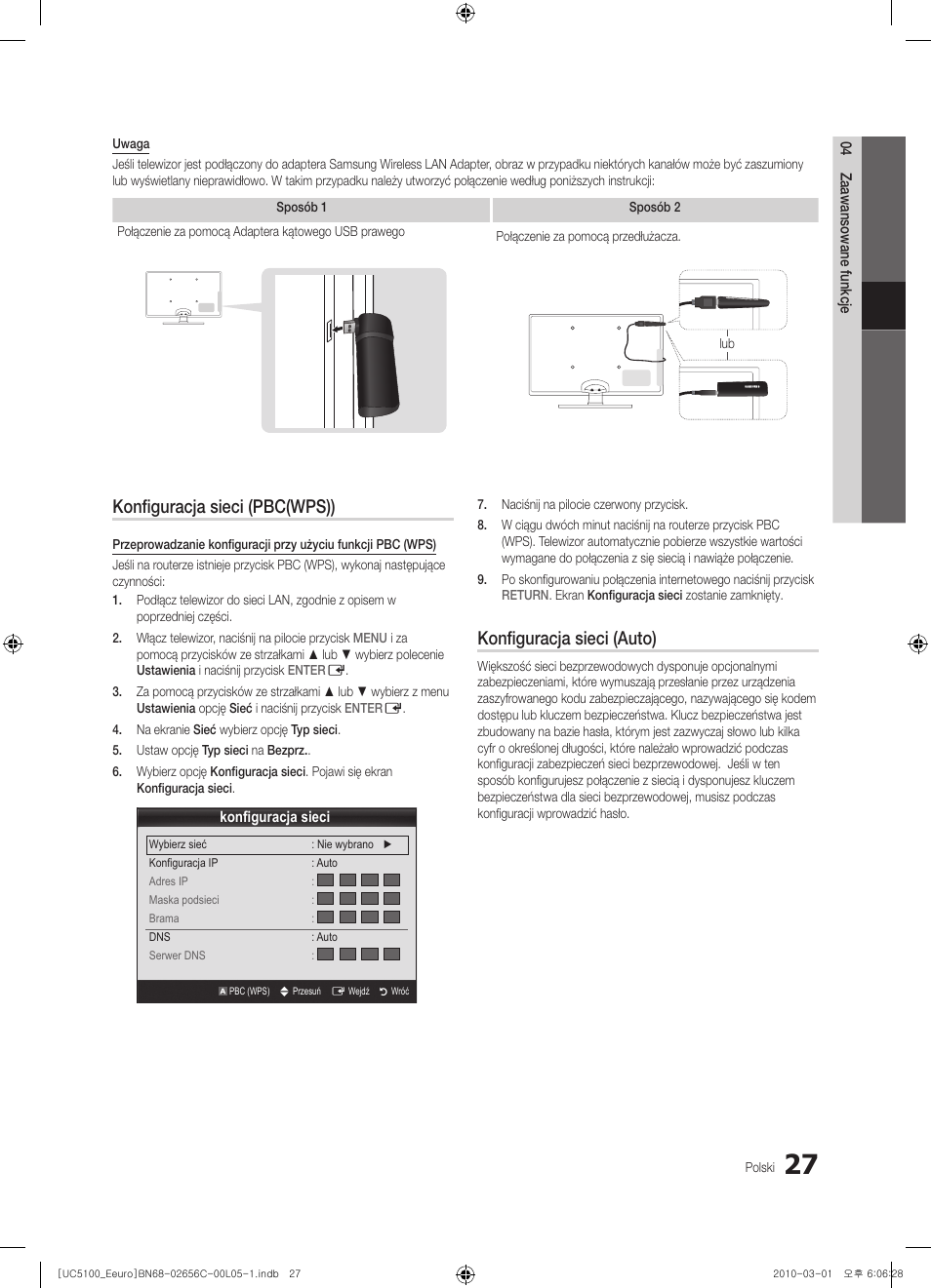 Konfiguracja sieci (pbc(wps)), Konfiguracja sieci (auto) | Samsung UE46C5000QW User Manual | Page 128 / 502
