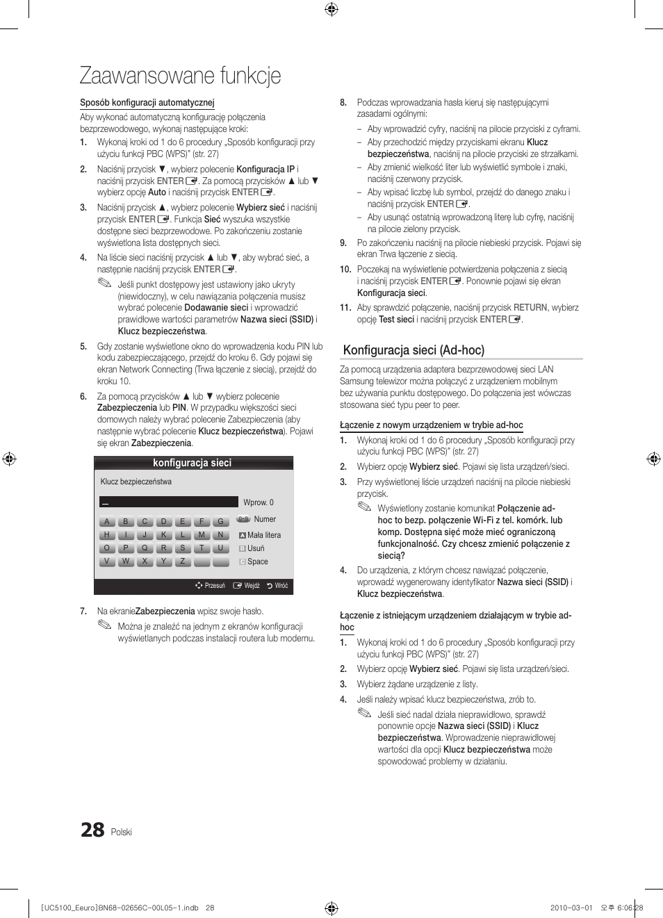 Zaawansowane funkcje, Konfiguracja sieci (ad-hoc) | Samsung UE46C5000QW User Manual | Page 129 / 502