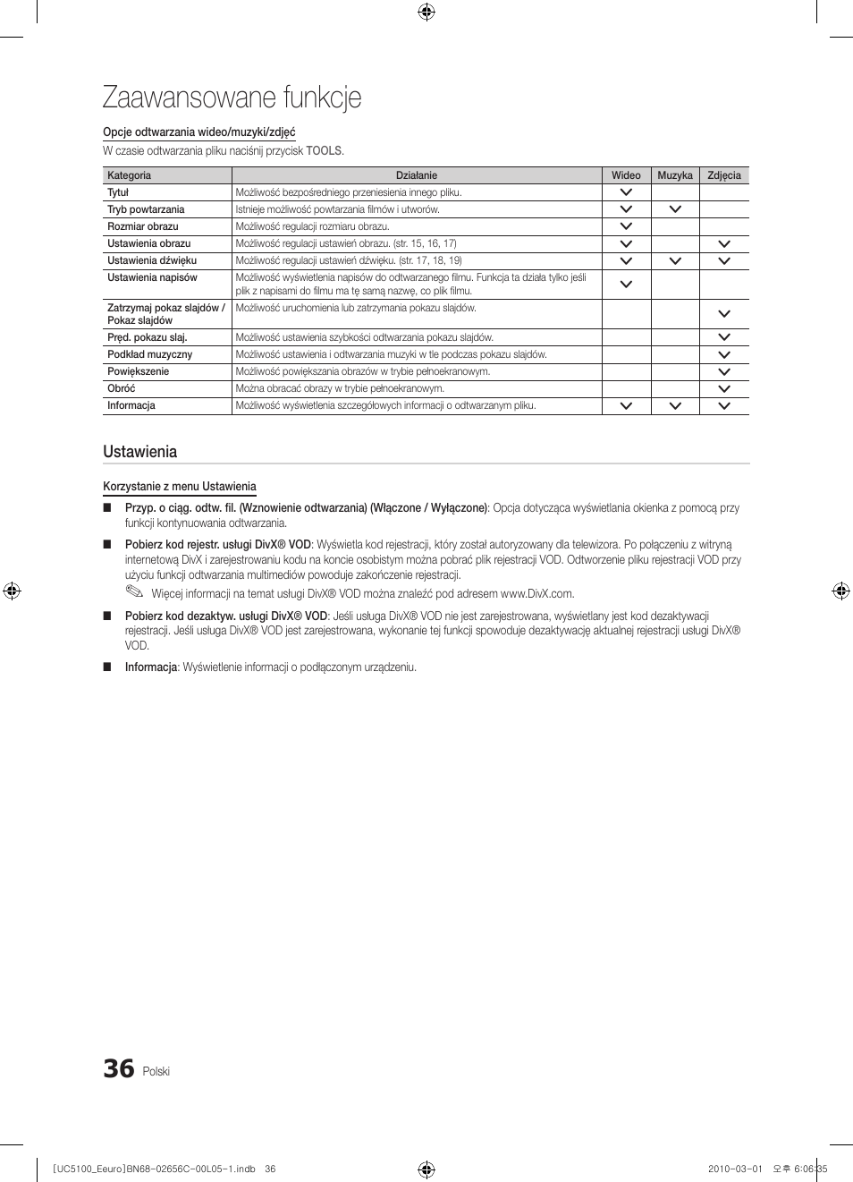 Zaawansowane funkcje, Ustawienia | Samsung UE46C5000QW User Manual | Page 137 / 502