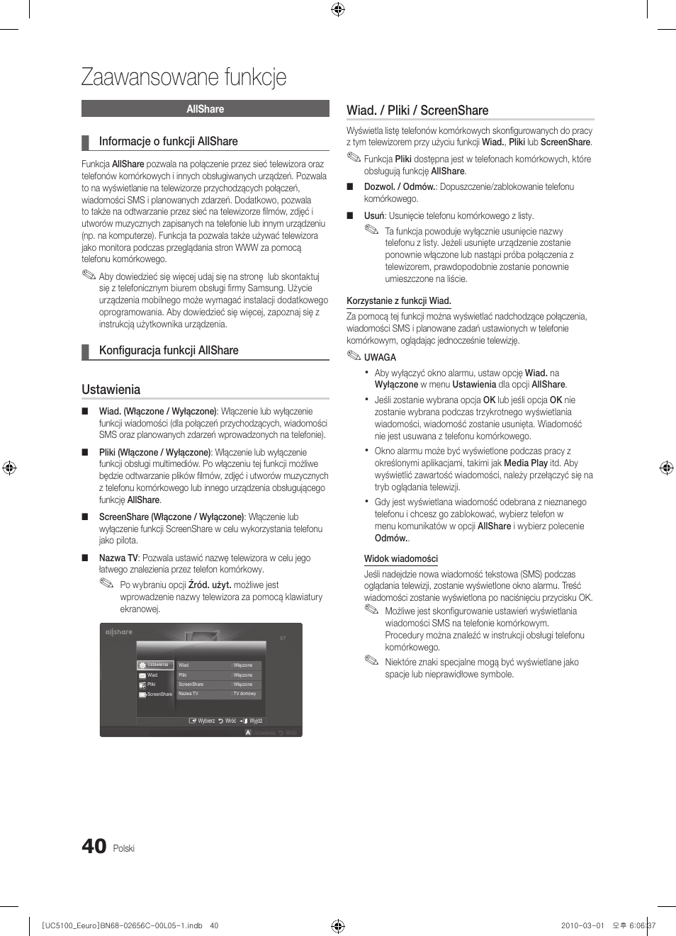Zaawansowane funkcje, Ustawienia, Wiad. / pliki / screenshare | Samsung UE46C5000QW User Manual | Page 141 / 502