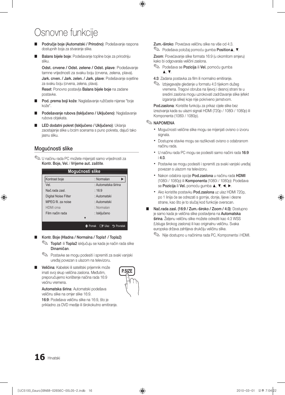 Osnovne funkcije, Mogućnosti slike | Samsung UE46C5000QW User Manual | Page 267 / 502