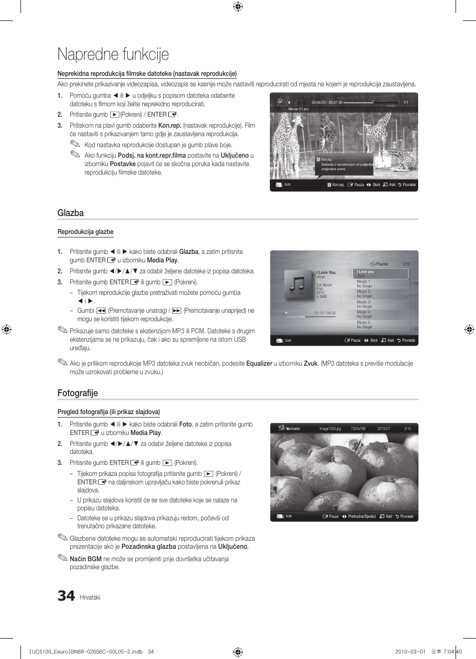 Napredne funkcije, Glazba, Fotografije | Samsung UE46C5000QW User Manual | Page 285 / 502