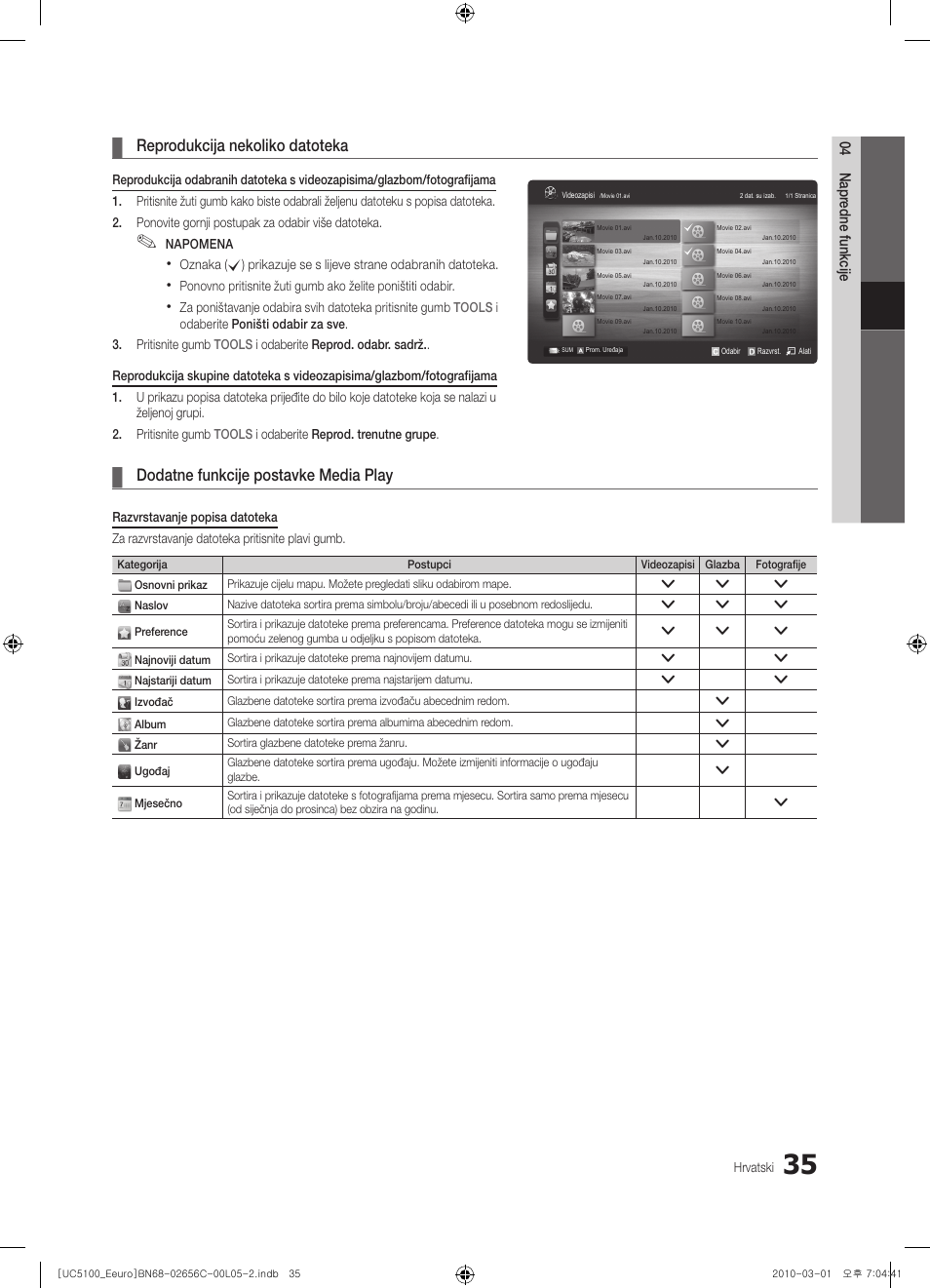 Reprodukcija nekoliko datoteka, Dodatne funkcije postavke media play | Samsung UE46C5000QW User Manual | Page 286 / 502