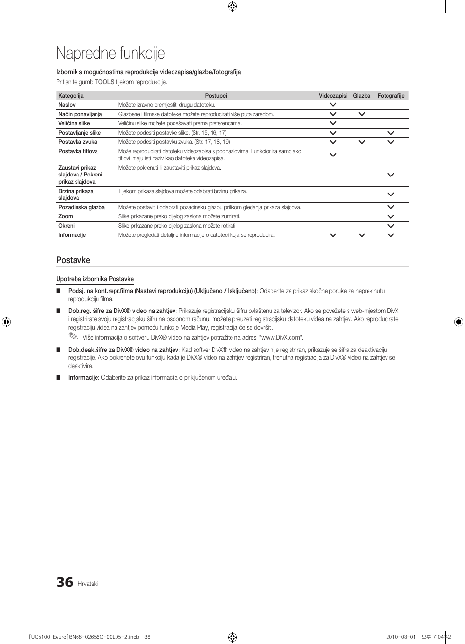 Napredne funkcije, Postavke | Samsung UE46C5000QW User Manual | Page 287 / 502