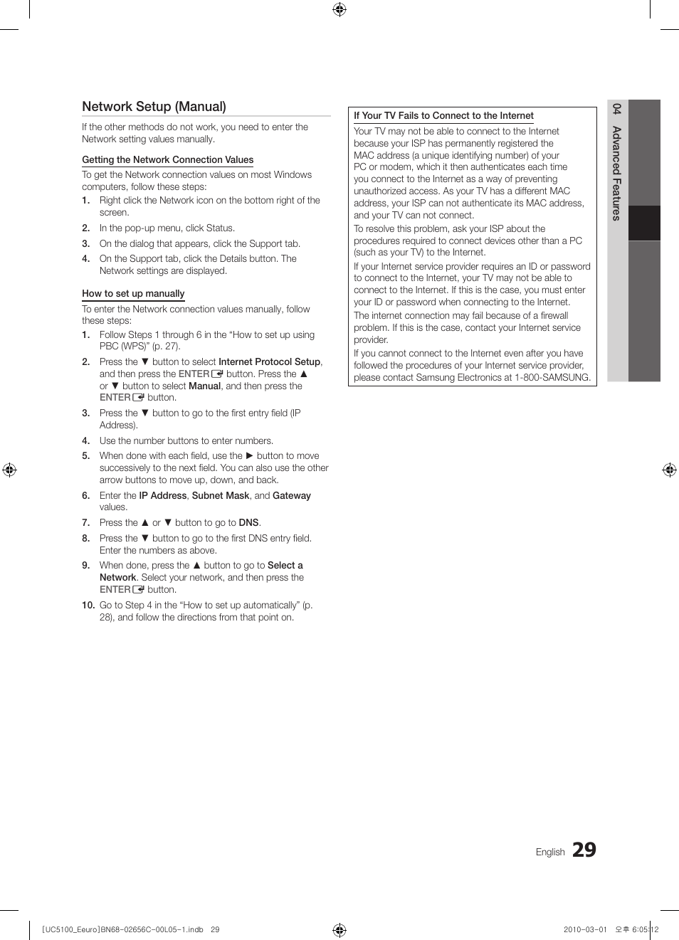 Network setup (manual) | Samsung UE46C5000QW User Manual | Page 29 / 502